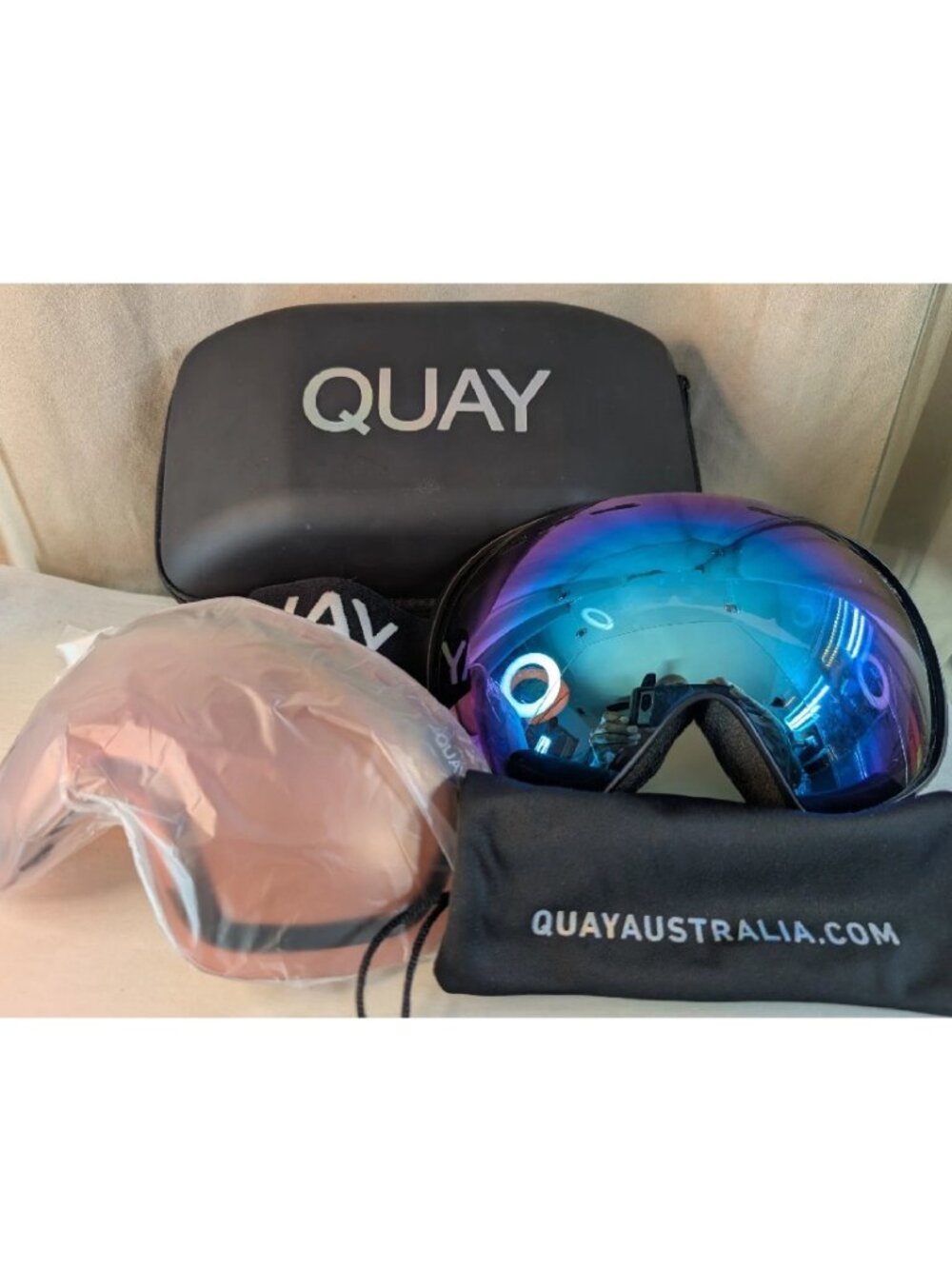 QUAY Australia Ski Snow Goggles Iridescent Black w/ White Strap Dual Lens #2